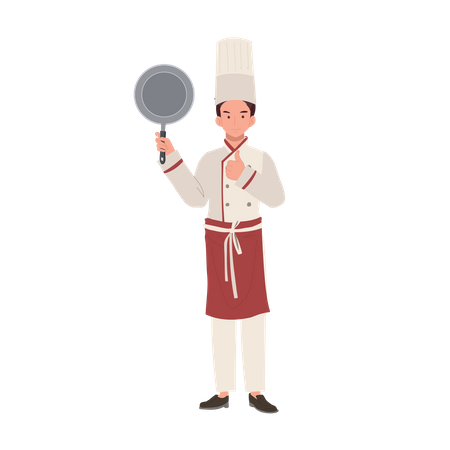 Chef masculino sosteniendo la sartén y dando el pulgar hacia arriba  Ilustración