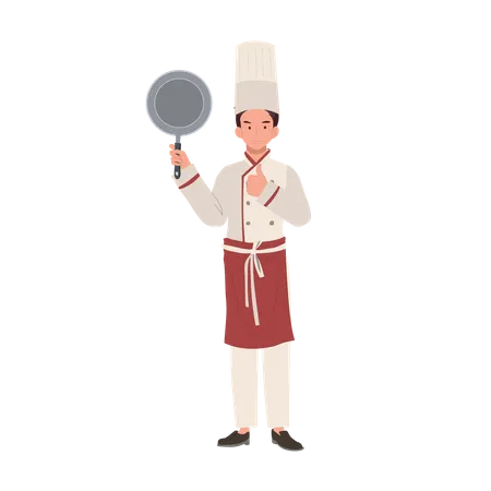Chef masculino sosteniendo la sartén y dando el pulgar hacia arriba  Ilustración