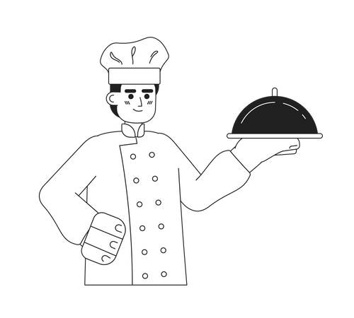 Chef masculino sostiene bandeja de plata  Ilustración