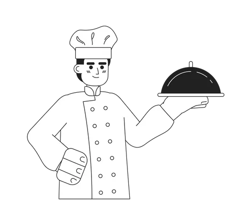 Chef masculino sostiene bandeja de plata  Ilustración