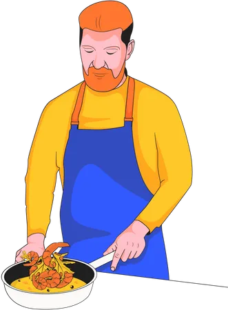 Chef masculino cozinhando comida na frigideira  Ilustração