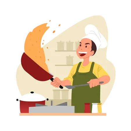 Chef masculino cozinhando na cozinha  Ilustração