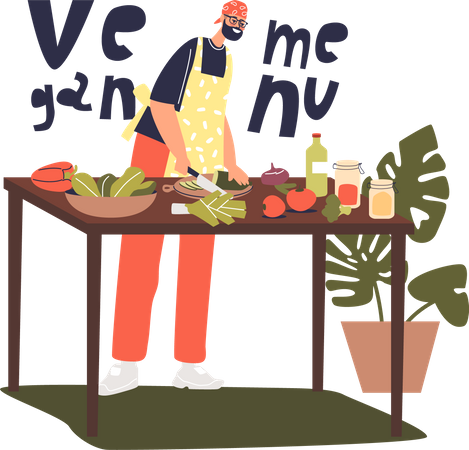 Cozinheiro chef masculino fazendo menu vegano para restaurante  Ilustração