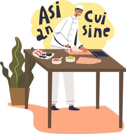 Cozinheiro chef masculino fazendo sushi e culinária  Ilustração