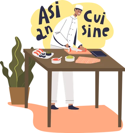 Cozinheiro chef masculino fazendo sushi e culinária  Ilustração