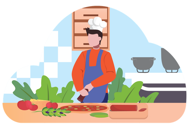 Chef masculino fazendo pizza na cozinha  Ilustração