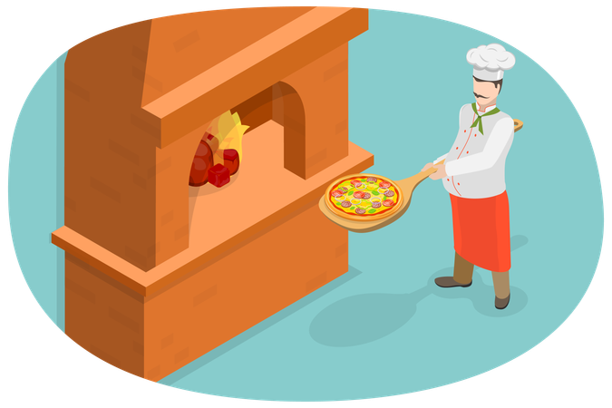 Chef masculino fazendo pizza em forno de pedra  Ilustração