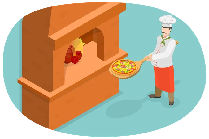 Chef masculino fazendo pizza em forno de pedra  Ilustração