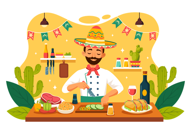 Chef masculino fazendo prato mexicano no restaurante  Ilustração