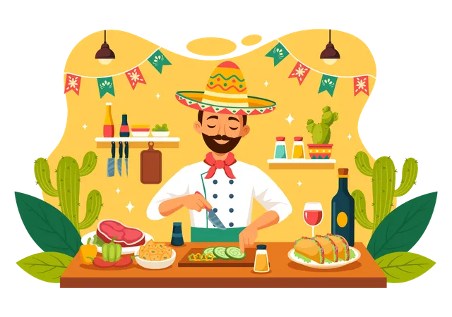 Chef masculino fazendo prato mexicano no restaurante  Ilustração