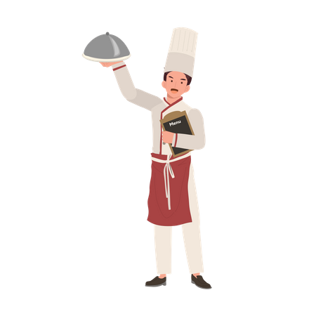 Chef masculino mostrando menu recomendado  Ilustração