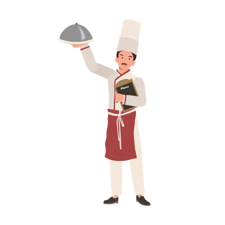 Chef masculino mostrando menu recomendado  Ilustração