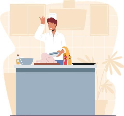 Chef masculino preparando uma deliciosa refeição na cozinha  Ilustração