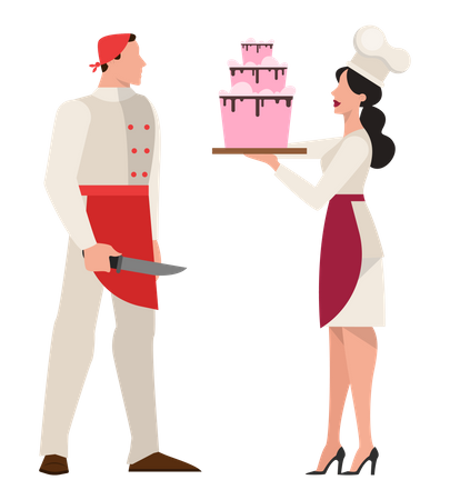 Homem chef segurando uma faca e uma mulher segurando um bolo  Ilustração