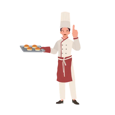 Chef masculino sorridente desistindo do polegar  Ilustração