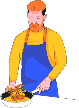 Chef masculin cuisinant des aliments dans une poêle à frire  Illustration