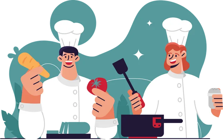 Chef homme et femme cuisinant dans la cuisine  Illustration