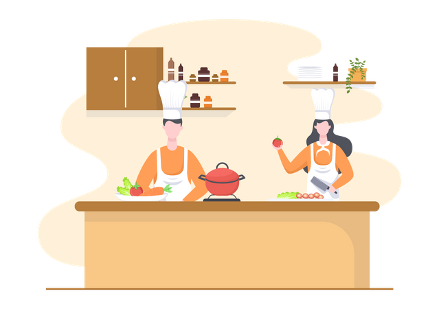 Chef homme et femme préparant la nourriture  Illustration