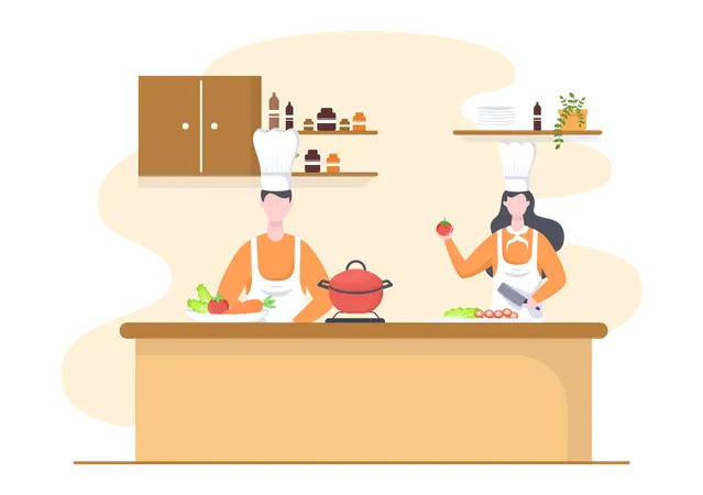 Chef homme et femme préparant la nourriture  Illustration