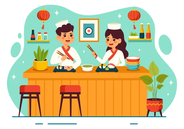 Chef masculin et féminin servant des sushis  Illustration