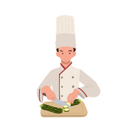 Chef masculin coupant des légumes dans la cuisine  Illustration