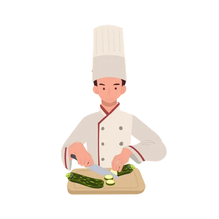 Chef masculin coupant des légumes dans la cuisine  Illustration