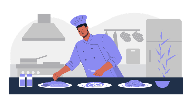 Chef masculin cuisinant des aliments dans la cuisine  Illustration