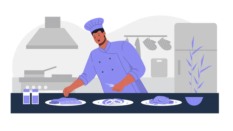 Chef masculin cuisinant des aliments dans la cuisine  Illustration