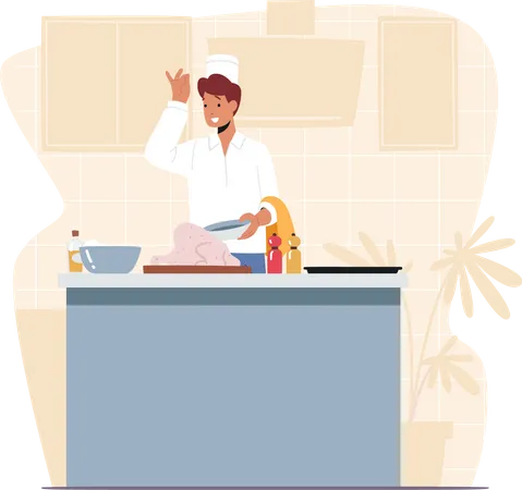 Chef masculin préparant un délicieux repas dans la cuisine  Illustration