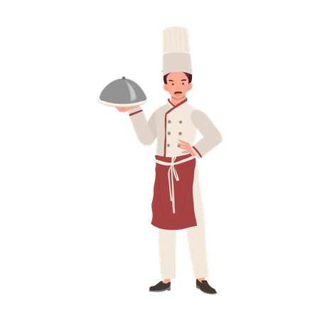 Chef in Hat and Uniform Holding Plate  Illustration