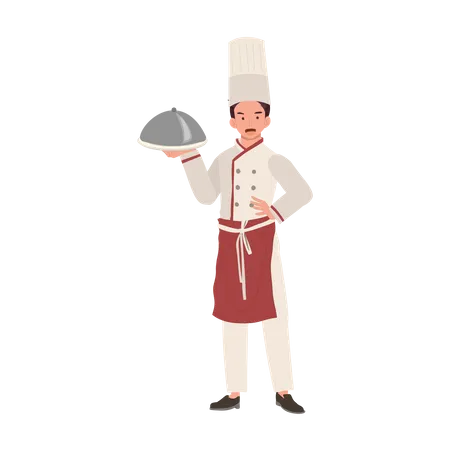 Culinary Professional Concept Full Length Chef In Chef Hat And Uniform Holding Plate Flat Vector Cartoon Illustration イラスト