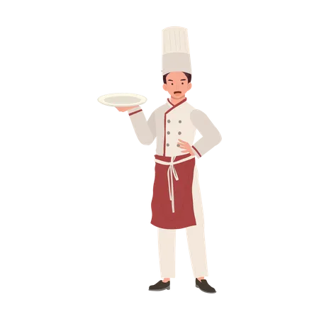 Culinary Professional Concept Full Length Chef In Chef Hat And Uniform Holding Plate Flat Vector Cartoon Illustration イラスト