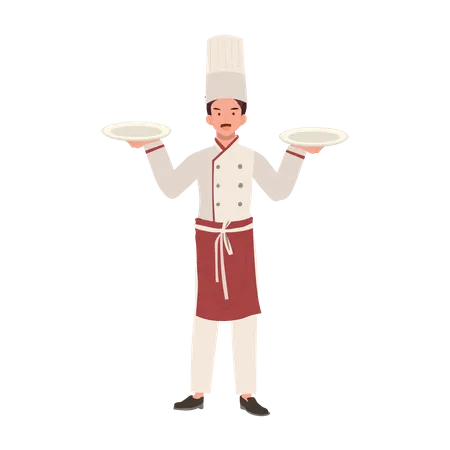 Culinary Professional Concept Full Length Chef In Chef Hat And Uniform Holding Plate Flat Vector Cartoon Illustration Illustration