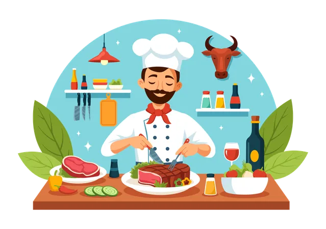 Steakhouse Vector Illustration With Restaurant That Provides Grilled Meat With Juicy Delicious Steak Salad And Tomatoes For Barbecue In Background Illustration