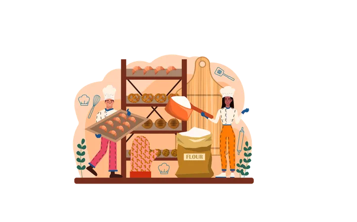 Baker Web Banner Or Landing Page Chef In The Uniform Baking Bread Baking Pastry Process Bakery Worker Selling Pastries Goods In A Shop Isolated Vector Illustration Illustration