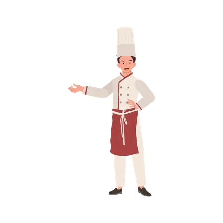Chef masculino invitando con gesto de bienvenida  Ilustración