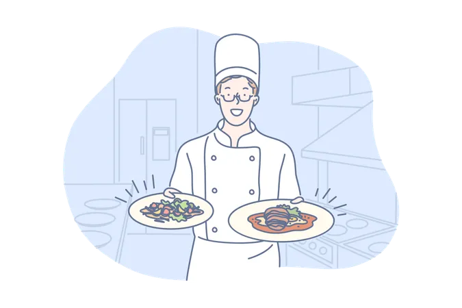 Restaurant Cooking Dish Presentation Concept Young Man Chef Is Standing In Restaurant Kitchen Holding Two Delicious Dishes From New Menu Happy Boy Cooker Offers Degustation Simple Flat Vector Illustration