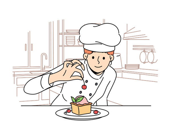 Chef is doing cherry topping on cupcake  Illustration