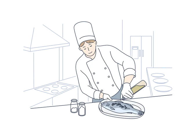 Sea Cuisine Cooking Fish Concept Young Man Or Boy Professional Cooker Chef Cartoon Character Preparing Salmon Or Trout At Restaurant Or Cafe Cooking Healthy Vegan Or Vegetarian Food Illustration Illustration