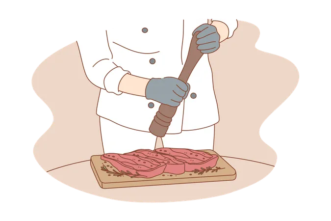 Cooking Work Preparation Food Concept Human Man Woman Male Female Chef Hands Preparing Meat Beef Steak On Grill Pan Presentation Of New Restaurant Menu Cuisine Dish Cartoon Style Illustration 일러스트레이션
