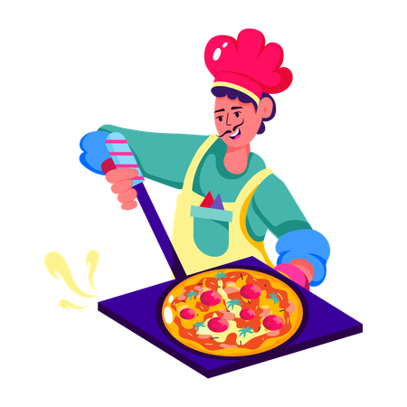 Chef italiano cozinhando pizza  Ilustração