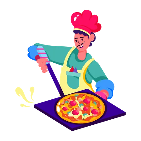 Chef italiano cozinhando pizza  Ilustração