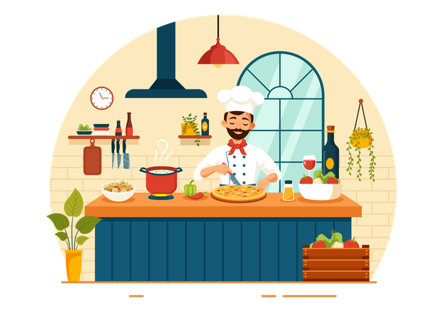 Chef italiano cocinando  Ilustración