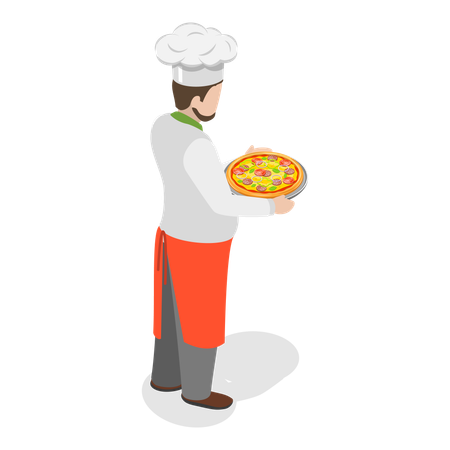 Chef italiano de pie con pizza  Ilustración