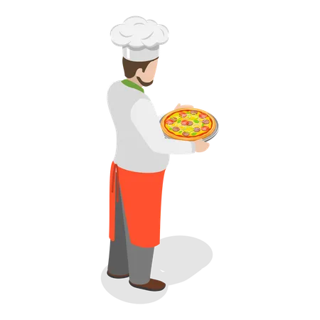 Chef italiano de pie con pizza  Ilustración