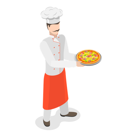 Chef italiano de pie con pizza  Ilustración