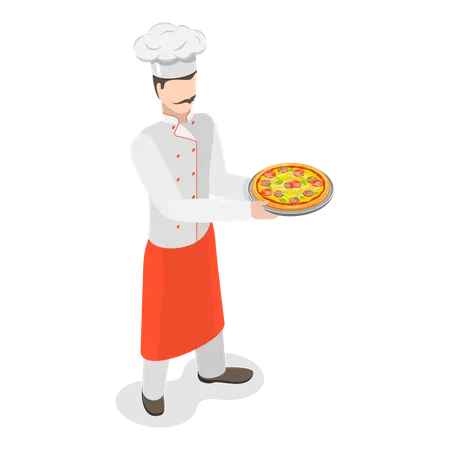 Chef italiano de pie con pizza  Ilustración