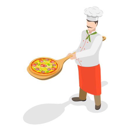 Chef italiano em pé com pizza  Ilustração