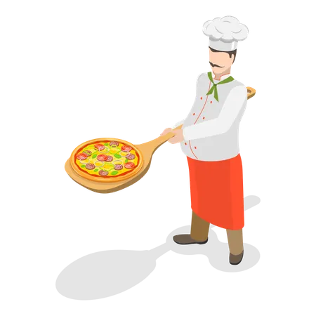 Chef italiano em pé com pizza  Ilustração