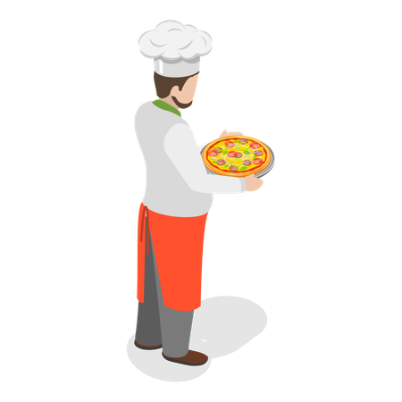 Chef italiano em pé com pizza  Ilustração